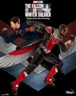Artwork of Sam Wilson / Falcon running right in front of Bucky Barnes / Winter Soldier running left, with the logo for The Falcon and the Winter Soldier above them.