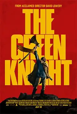 Sir Gawain raises an axe on a hilltop in front of the film's title which sits on a plain red background.