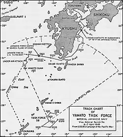A map of Southern Japan and Okinawa showing Yamato's last sortie.