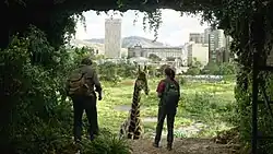 Joel and Ellie face a giraffe, which is standing in a large, grassy field.
