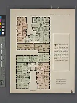 The original floor plan of the upper stories., Each floor is divided into six apartments.