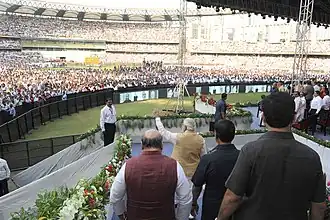 Prime Minister Narendra Modi in the arena in October 2014 during Maharashtra gov swearing-in.