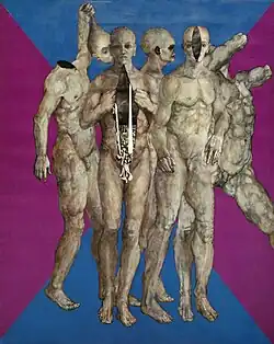 A painting of four grey figures shown in front of a purple and blue background.