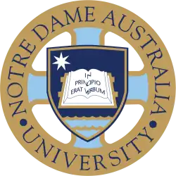 This is a photograph of the University of Notre Dame Australia crest with its badge affixed.