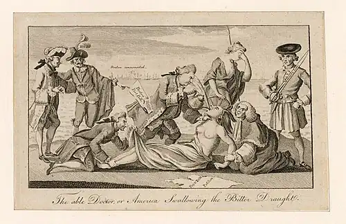 A Patriot cartoon depicting the Coercive Acts as the forcing of tea on a Native American woman (a symbol of the American colonies), who is lying down, was copied and distributed in the Thirteen Colonies. Others watch and a man, believed to be Lord Sandwich, pins down her feet and peers up her skirt. The caption of the cartoon itself is "The able Doctor or America swallowing the Bitter Draught."