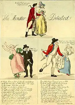 Three-part cartoon showing the Monster attacking three women