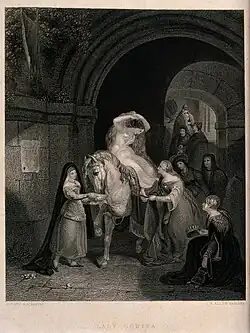 Lady Godiva depicted in her shift. Engraving by J.B. Allen after G. Jones