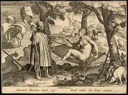 Theodor Galle after Stradanus, Amerigo Vespucci awakes America in her hammock, 1570s. In the background a captive is being roasted.[22]