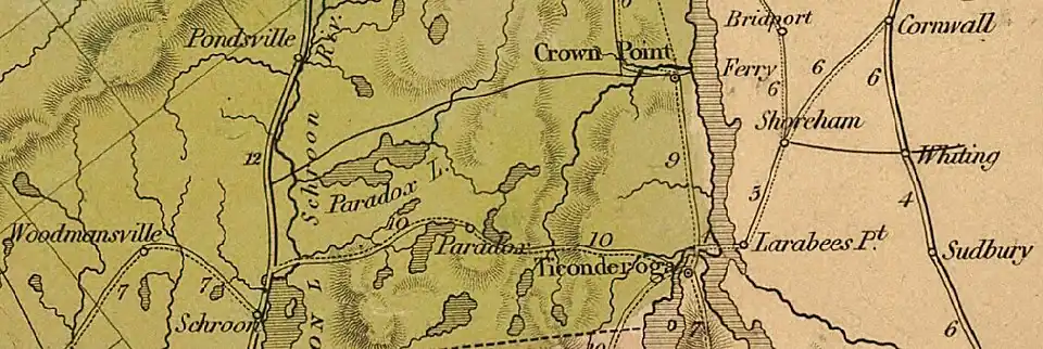 The Ticonderoga and Schroon Turnpike began north of Schroon and headed east through Paradox to the western edge of Lake Champlain at Ticonderoga. The turnpike connected to other long-distance roads at each end.