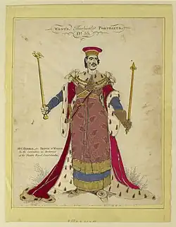 Charles Kemble as the Prince of Wales, 1821. There is limited tinsel, but much glued-on fabric. Inscribed "West's theatrical Portraits / no. 55".