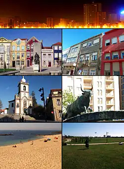 Clockwise from top: Nova Póvoa, Rua Santos Minho, Touro, the City Park, Lagoa Beach, Senhora das Dores Church, and Praça do Almada.