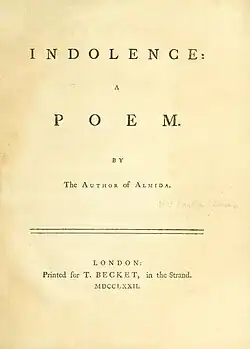 Title page of Dorothea Celesia's Indolence-1772