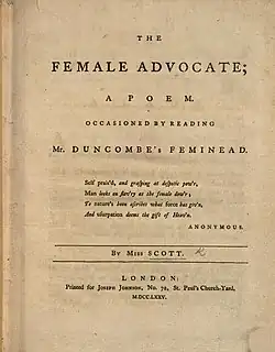 Title page of Mary Scott's The Female Advocate