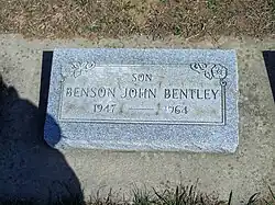 A color photograph of is the grave marker for John Bentley Benson, son. He was born in 1947 and died in 1964.