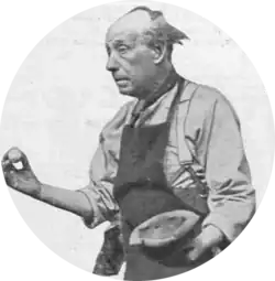 elderly, gloomy looking man in gardening apron