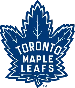 Old logo for the Maple Leaf, featuring a blue maple leaf stylized with leaf veins on its edges, with white lettering Toronto Maple Leaf placed within the Maple Leaf.