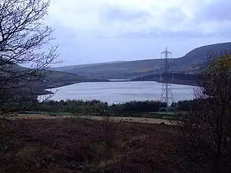 A tree framed shot of a reservoir with hills on either side