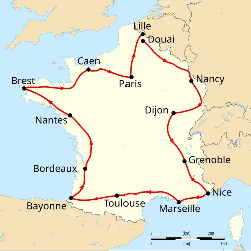 Map of France with the route of the 1906 Tour de France on it, showing that the race started in Paris, went clockwise through France and ended in Paris after thirteen stages.