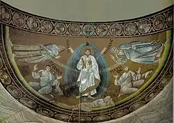 Transfiguration of Jesus Christ. Jesus appears in the middle between Elijah, Moses, and Apostles James the Great, Peter and John the Apostle. St Catherine Monastery, Sinai, c. 600.