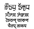 Transliterations of "Cheitap Taakpa" in Naoriya Phulo script (invented Meetei Yelhou Mayek), traditional Meitei Mayek script, Bengali script, and Devanagari