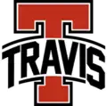 A scarlet uppercase 'T' outlined with a white line and thicker black line and the name TRAVIS in black capital letters laid across, interrupting the 'T'