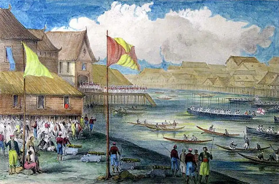 Marines stationed outside the Sultan's palace during the signing of the 1846 Treaty of Labuan[34]