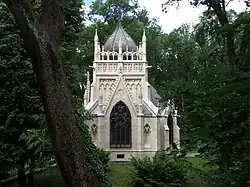 A picture of Andrássy Mausoleum, which was built in 1893 for Gyula Andrássy and is located in Trebišov, which is in Trebišov District.[1]