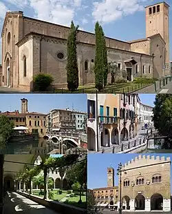 "Top": Church of San Nicolò; middle: Buranelli Canal and Via Palestro (left to right); "bottom": Cloister of Santa Caterina and Treviso City Hall (left to right).