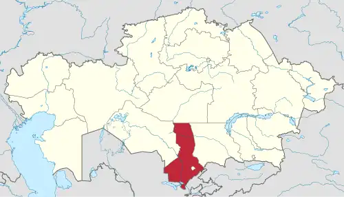 Map of Kazakhstan, location of Turkistan Region highlighted