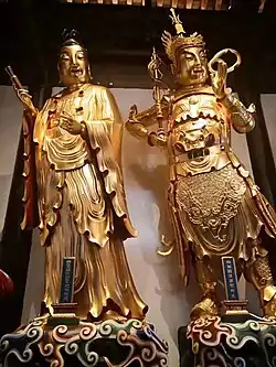Jade Buddha Temple (Shanghai, China) - Statues of Pṛthvī (Jiānláo Dishén) on the left and Skanda (Wéituó) on the right.