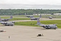 C-130H Hercules of the Illinois Air National Guard's 182nd Airlift Wing taxiing at Peoria Air National Guard Base during 2013.