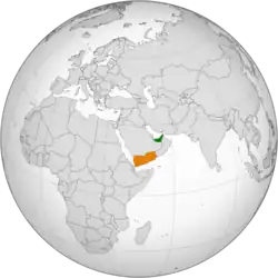 Map indicating locations of United Arab Emirates and Yemen