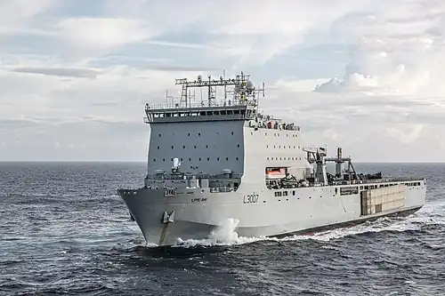 RFA Lyme Bay with a Mexeflote on its port side