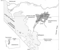 A map of the aquifer, showing it overlying the border between Whatcom County and southern British Columbia