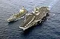 The aircraft carrier USS&nbsp;Harry S. Truman comes alongside John Lenthall for refueling on 3 April 2003.