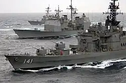 Haruna, USS Lake Champlain and USS Russell underway on 18 March 2007