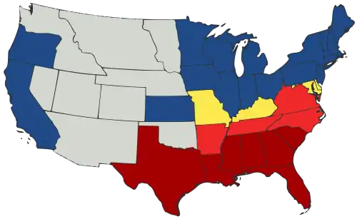 Map of US showing two kinds of Union states, two phases of secession and territories