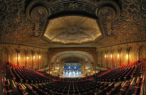 A panoramic image of the theater as seen from the auditorium's balcony level