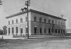 The Denver Mint building in black and white.