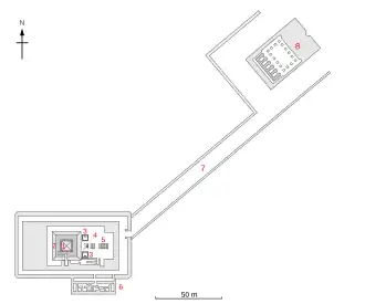 Layout of a temple, its main building being rectangular and connected to a long causeway