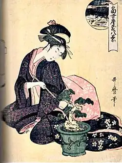 Karasaki yau,[ab] from Tōsei Zashiki Hakkei,[ac] Utamaro, c. late 18th century