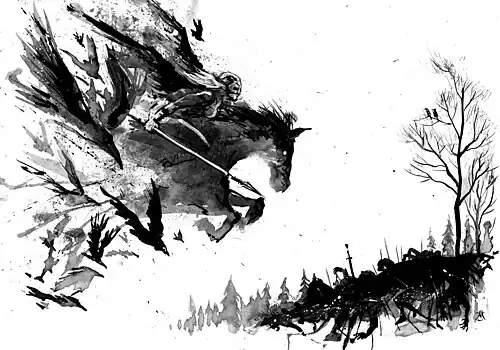 Modern art depicting a Valkyrie emerging from her raven hamr to collect the fallen