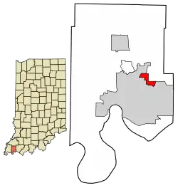 Location of Melody Hill in Vanderburgh County, Indiana.