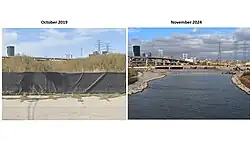 The image on the left shows the view in October 2019. The view is of a fence and a vacant lot with a shrubland. In 2024, there is a broad river valley and the Don River can be seen in the distance where it flows into the Keating Channel and new river valley.
