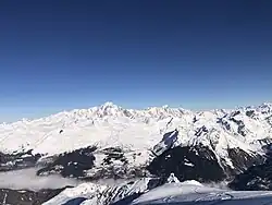View of the southern side of Mont Blanc (the big summit on the left) from Aiguille Rouge