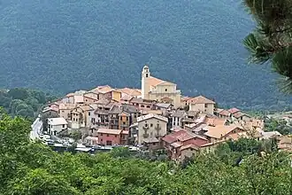 The village of La Bollène Vésubie seen from the north side of the Col de Turini
