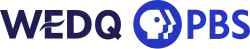 The letters W E D Q, with the crossbar of the E formed by a stylized wave, in navy; the PBS network logo and letters P B S in blue.