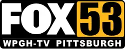 In a rounded rectangle, from top left: The Fox logo in white. A gold rectangle with a condensed sans serif 53. At the bottom in white, the words "W P G H - T V Pittsburgh".