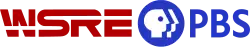 Red letters WSRE in a high-tech style, with counter lines running through some of the letters, next to the PBS logo and letters P B S in blue.