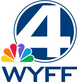 A blue circle with white trim and a blue thin border, containing a white sans serif numeral 4. The NBC peacock overlaps in the lower left. Beneath both are the letters W Y F F in a wide sans serif.